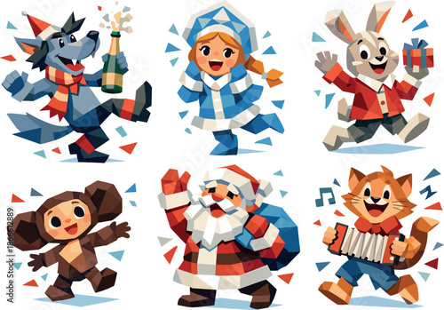 Nostalgic New Year Stickers. Low-poly vector illustration focused on New Year stickers for chat apps based on nostalgic animated