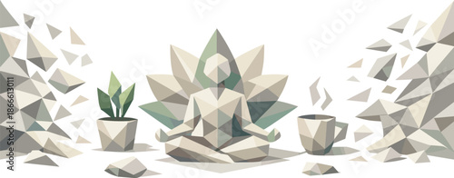 Space Detox Clarity. Low-poly vector illustration focused on a space detox concept promoting simplicity and balance, angular