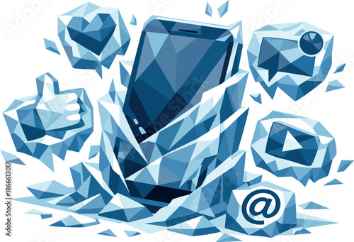 Frozen Social Media Detox. Low-poly vector illustration focused on freezing social networks as a digital detox concept, polygonal