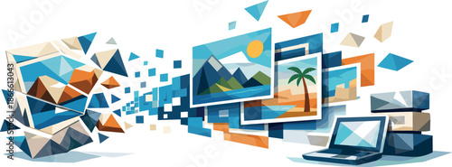 Digital Postcard Art. Low-poly vector illustration focused on a digital postcard archiving process, polygonal geometric style with