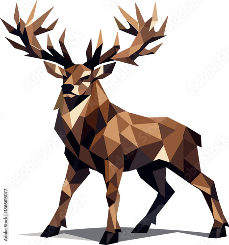 Geometric Deer Art. Low-poly vector illustration focused on a deer with large branched antlers in a powerful natural stance,