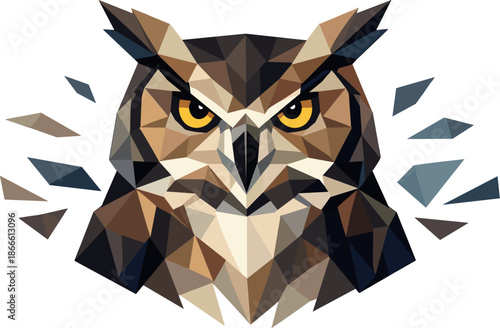 Geometric Owl Design. Low-poly vector illustration focused on an owl as a symbol of wisdom and insight, faceted polygonal geometry