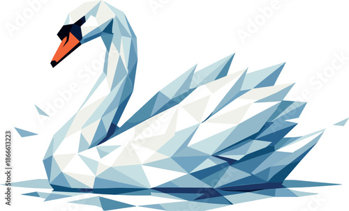 Elegant Geometric Swan. Low-poly vector illustration focused on a graceful swan in a calm elegant stance, polygonal geometric