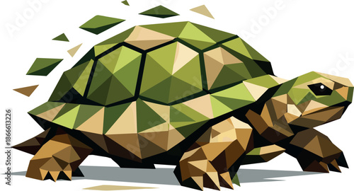Geometric Turtle Art. Low-poly vector illustration focused on a turtle rendered in geometric low-poly style, faceted polygonal