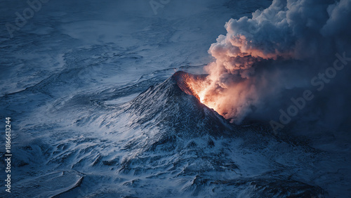 Aerial photo of snow-covered Barda bunga volcano erupting