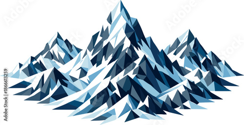 Alpine Geometric Peaks. Low-poly vector illustration focused on alpine snowy mountain summits, polygonal geometric style with