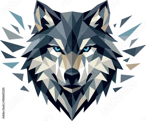 Geometric Wolf Illustration. Low-poly vector illustration focused on a wolf head facing forward, polygonal geometric style with