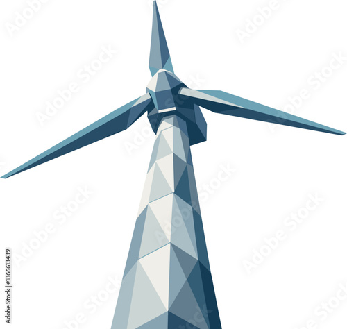 Geometric Wind Turbine. Low-poly vector illustration focused on a modern wind generator viewed from a low angle, polygonal
