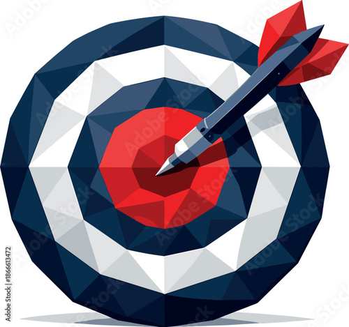 Bullseye Precision Art. Low-poly vector illustration focused on an abstract goal target with a dart embedded precisely in the
