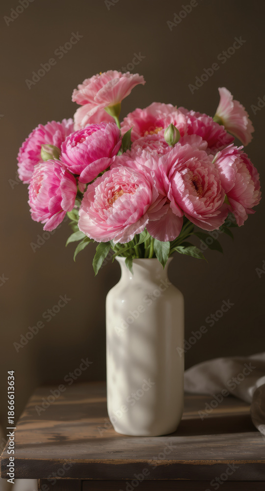 Obraz premium Elegant bouquet of pink peonies in a white ceramic vase on a wooden table with soft natural lighting