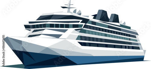 Geometric Cruise Liner. Low-poly vector illustration focused on a modern cruise liner viewed from a three-quarter angle, polygonal