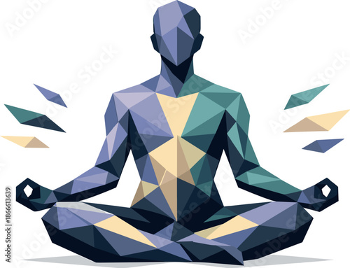 Polygonal Lotus Meditation. Low-poly vector illustration focused on a yoga lotus pose silhouette, polygonal geometric style with
