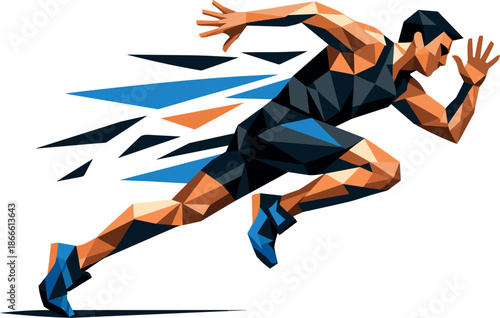 Geometric Sprinting Athlete. Low-poly vector illustration focused on a runner in mid-sprint, polygonal geometric style with sharp