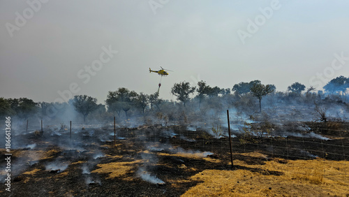 Photography A small firefighting helicopter, in the distance, works dropping water on a fire
