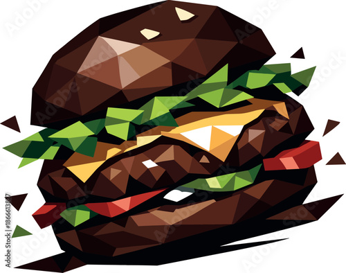 Modern Gourmet Burger. Low-poly vector illustration of a gourmet burger symbolizing food quality and modern comfort cuisine,