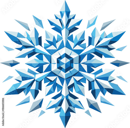 Geometric Snowflake Design. Low-poly vector illustration of a complex crystalline snowflake representing frost, purity, and winter