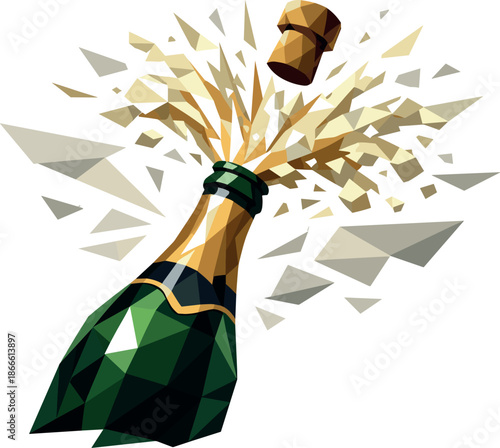 Festive Champagne Explosion. ow-poly vector illustration of a champagne bottle bursting with spray symbolizing celebration,