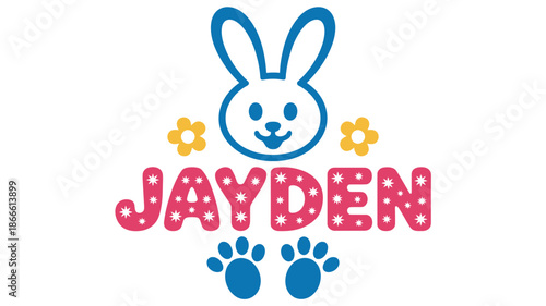 A cheerful bunny and star-filled jayden name design with playful paw prints Vector