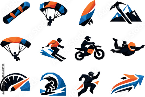 Extreme Sports Icon Set. A professional low-poly vector icon set dedicated to extreme sports and adventure activities, featuring