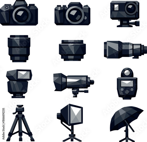 Low-Poly Photography Icons. Modern photography tools visualized in a cohesive low-poly vector icon set showing cameras, optical