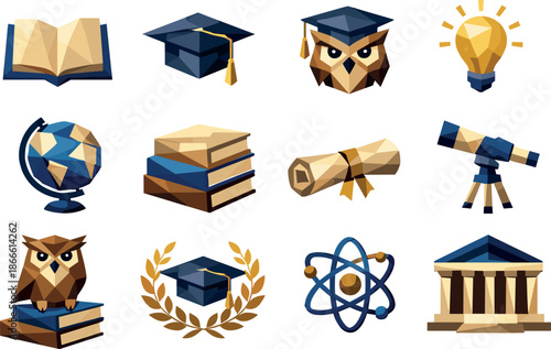 Education Icon Set. Academic learning concepts represented through a cohesive low-poly vector icon set featuring books, graduation