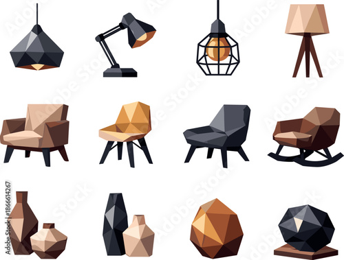 Low-Poly Interior Icons. Interior styling and furniture concepts illustrated through a low-poly vector icon set of loft lamps,