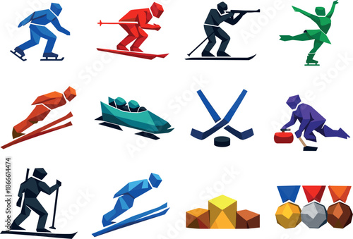 Winter Olympic Icons. Geometric low-poly vector icons illustrating Winter Olympic Games disciplines and competition elements built