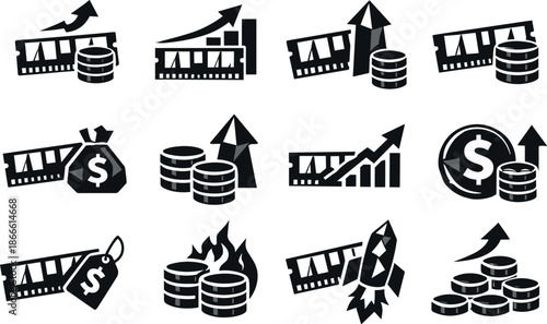 Rising RAM Prices Icons. Professional low-poly vector icon collection representing rising RAM prices, memory market inflation, and