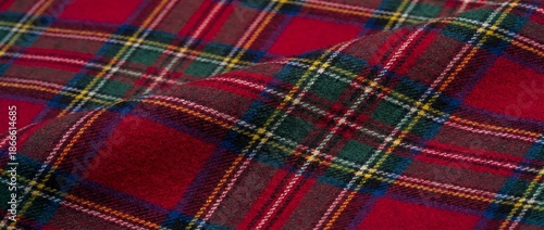 Red Plaid Tartan Fabric Texture Close Up View
