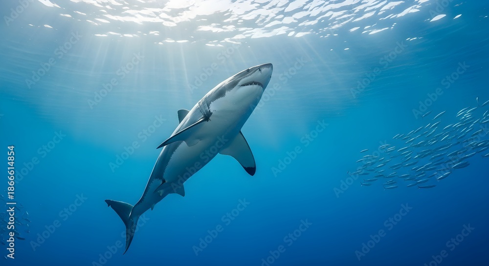 Fototapeta premium Great White Shark Swimming Gracefully in Deep Blue Ocean with Sun Rays