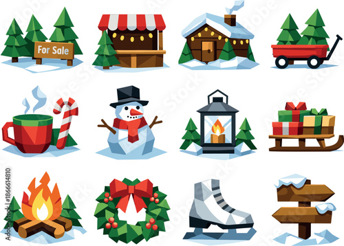 Low-Poly Holiday Icons. Holiday pine tree market and seasonal street bazaar visualized as a low-poly vector icon set with sharp