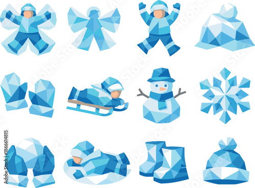 Low-Poly Snow Icons. Low-poly vector icon set for snow angel winter play and joyful snowy activity, featuring angular polygonal