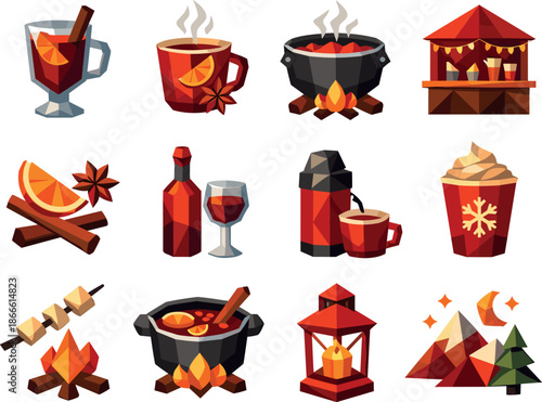 Winter Wine Icons. Outdoor mulled wine experience and winter street drinks visualized as a cohesive low-poly vector icon set built
