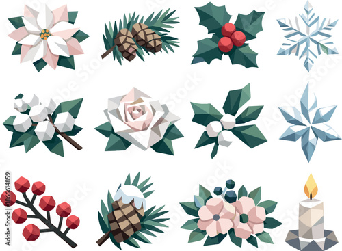 Winter Floral Icons. Winter floral bouquet concept illustrated as a cohesive low-poly vector icon set built from angular polygonal