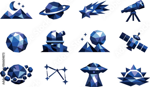 Cosmic Low-Poly Icons. Star-filled night sky and tranquil cosmic scenery visualized as a cohesive low-poly vector icon set built