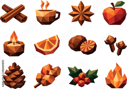 Cinnamon Spice Icons. Cinnamon scent and comforting winter spice illustrated as a low-poly vector icon set with sharp polygon
