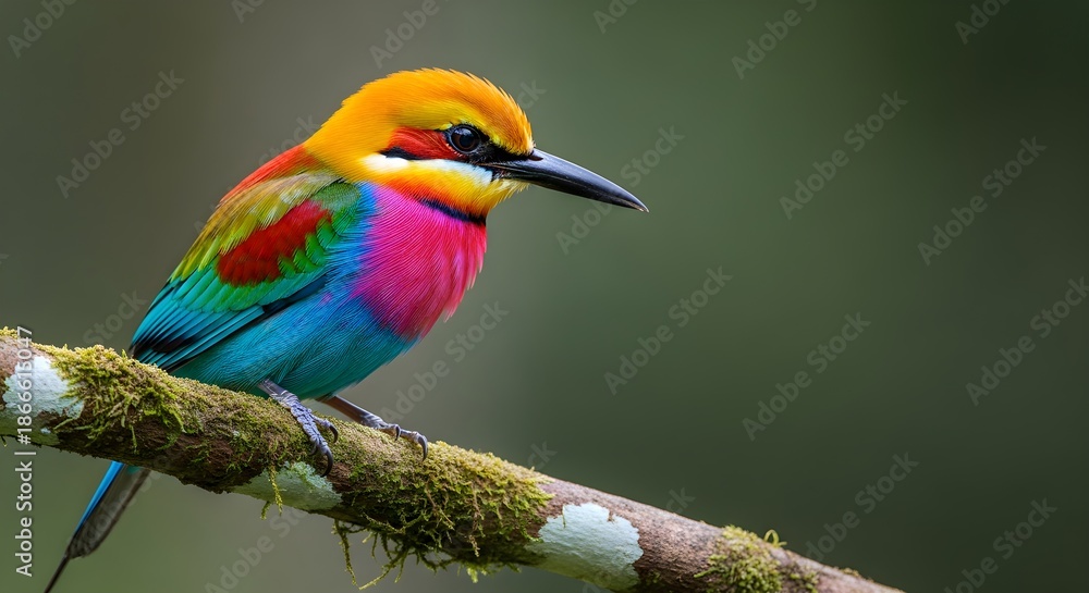 Obraz premium A Splendid Bird Perches on a Mossy Branch Displaying its Vivid Colorful Plumage