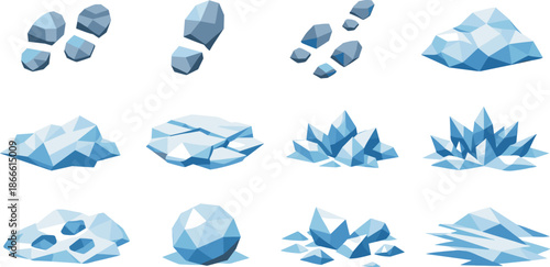 Geometric Winter Icons. Crisp snow footsteps and frosty ground texture visualized as a low-poly vector icon set with sharp polygon