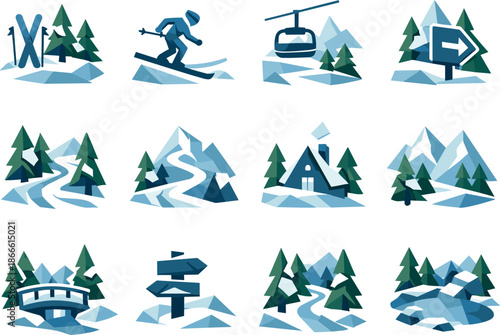 Winter Ski Icon Set. Forest ski track and winter woodland trail visualized as a cohesive low-poly vector icon set built from