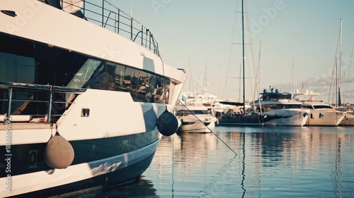 Luxury yachts docked at a marina with calm water reflections during golden hour