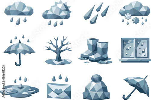 February Rain Icons. Low-poly polygonal vector icon set focused on February rain, late winter precipitation, wet-weather scenery,
