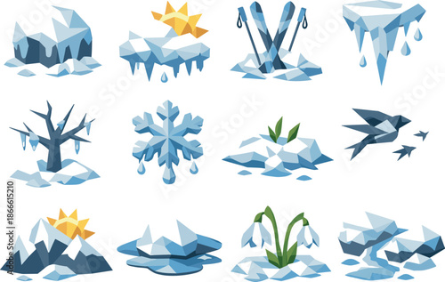 Farewell Winter Icons. Low-poly vector icon set for farewell to winter and seasonal transition, featuring angular polygonal