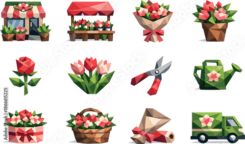 Floral Icon Set. Floral store and bouquet market illustrated as a cohesive low-poly vector icon set built from angular polygonal