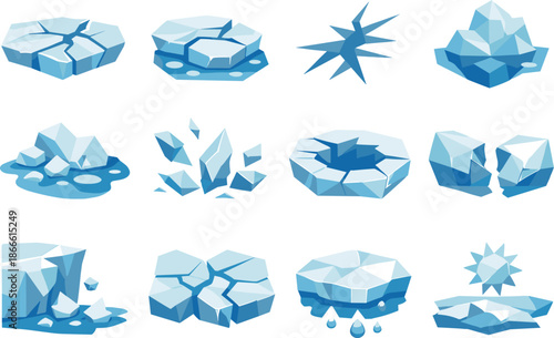 Cracking Ice Icons. Low-poly polygonal vector icon set focused on cracking ice, winter thaw, fractured frozen surfaces, and