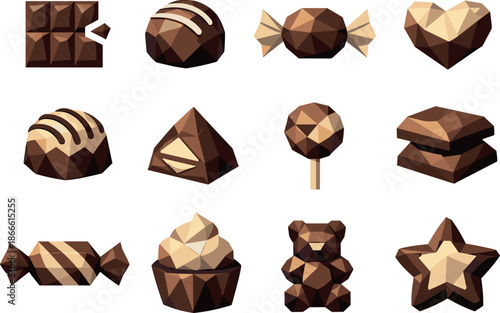 Chocolates Icon Set. Chocolates and candy assortment illustrated as a cohesive low-poly vector icon set built from angular