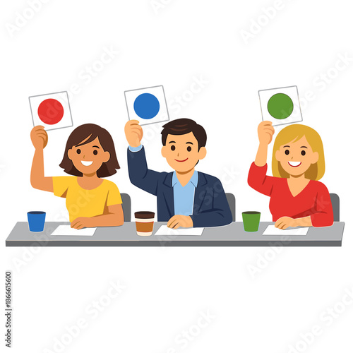 Vector illustration of a group of judges at a competition holding scorecards