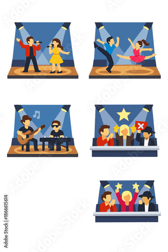 On a talent reality show set, singers, dancers, and musicians perform before a jury