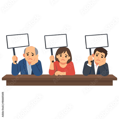 A group of dissatisfied judges holding empty scorecards at a table against a white backdrop, with room for text