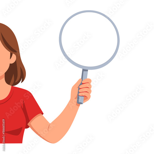 A woman holds a blank jury table in her hands, her isolated arm featuring a rounded sign and a copy space, as she votes in a competition, rendered in flat cartoon vector style