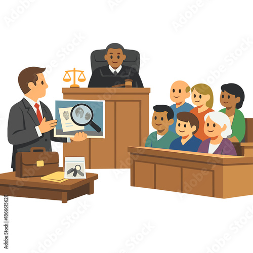 A lawyer presents evidence to a judge and jury within a courtroom